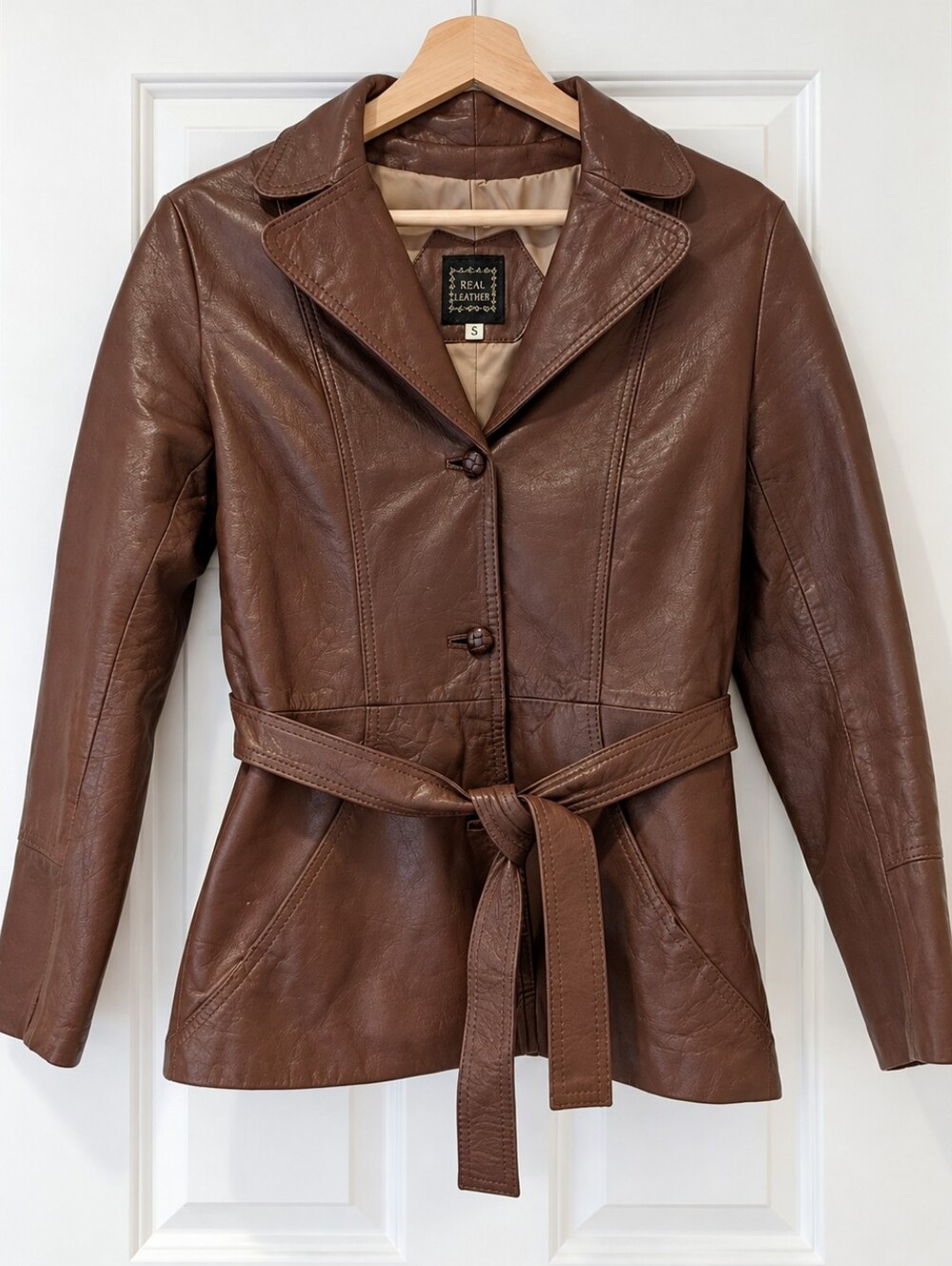Vintage 70s Brown Leather Belted Jacket Blazer Boho Academia Minimalist S/XS